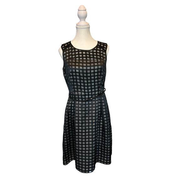 Calvin Klein | Black/Cream Fit and Flare Belted Dress | 8 - Picture 1 of 15
